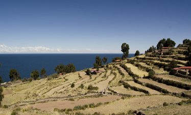 Terrassenförmig angelegte Felder auf der Insel Taquile im Titicacasee